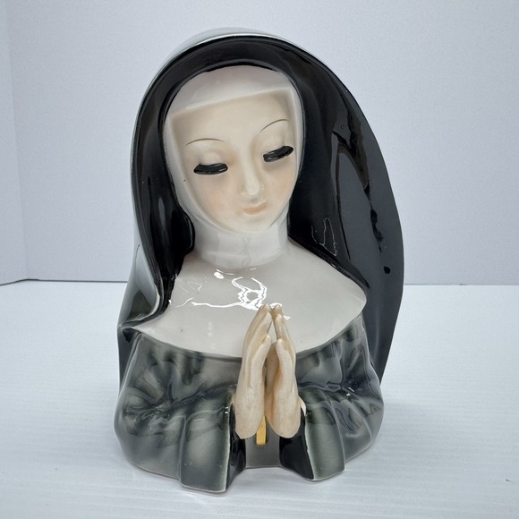 Ucagco Other - Vintage Mid Century Praying Nun Head Vase Eyelashes Ucagco Ceramics Japan Gray